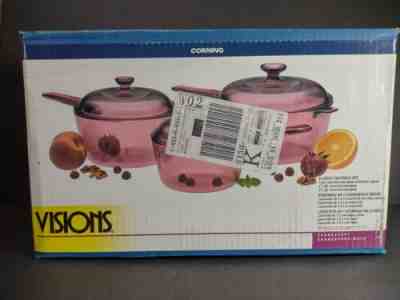 Vtg 1995 VISIONS Corning Cookware Cranberry Glass 6 Pc Saucepan Set NEW