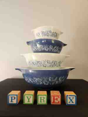 Vintage Pyrex Colonial Mist Cinderella Bowls, Pyrex Blue Daisy Nesting Bowls