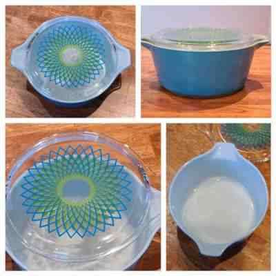 Vintage 60's Pyrex #475 2.5 Qt Blue Casserole Bowl with Matching SPIROGRAPH Lid
