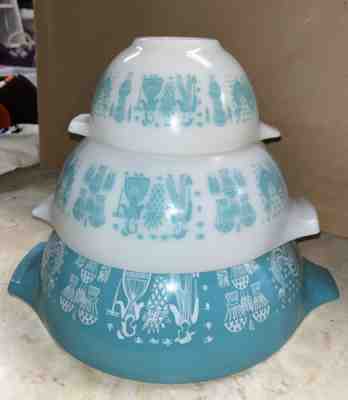 Vintage Pyrex 3 Piece Mixing Bowl Set AMISH BUTTERPRINT Turquoise 441 443 444 S2