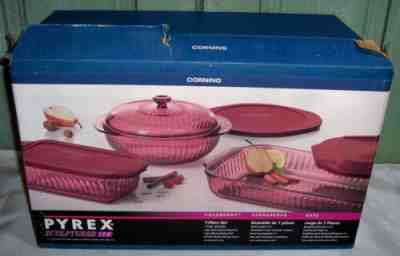 NEW Vintage 1995 Corning Pyrex Cranberry Bakeware 7 Piece Set Unused in Box