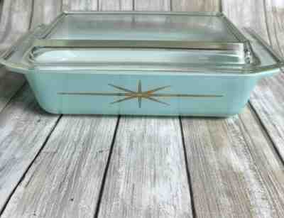 VTG Pyrex 575B Turquoise Gold Atomic Starburst 2 qt Space Saver Casserole w/ Lid