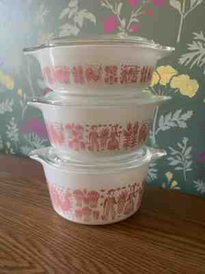 Vintage Pyrex Pink Butterprint Set 3 Amish Dish Bowl Casserole 473 472 471