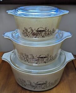 PYREX Forest Fancies Mushroom Casserole Dish Vintage Set of 3 473 474 475 W/Lids