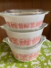 3 Vintage Pyrex Pink Butterprint Amish Dish Bowl Set Casserole 473 472 471