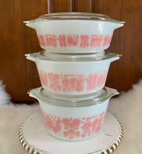 VTG HTF Pyrex Amish Pink Butterprint Casserole Set (471, 472 & 473 with Lids)