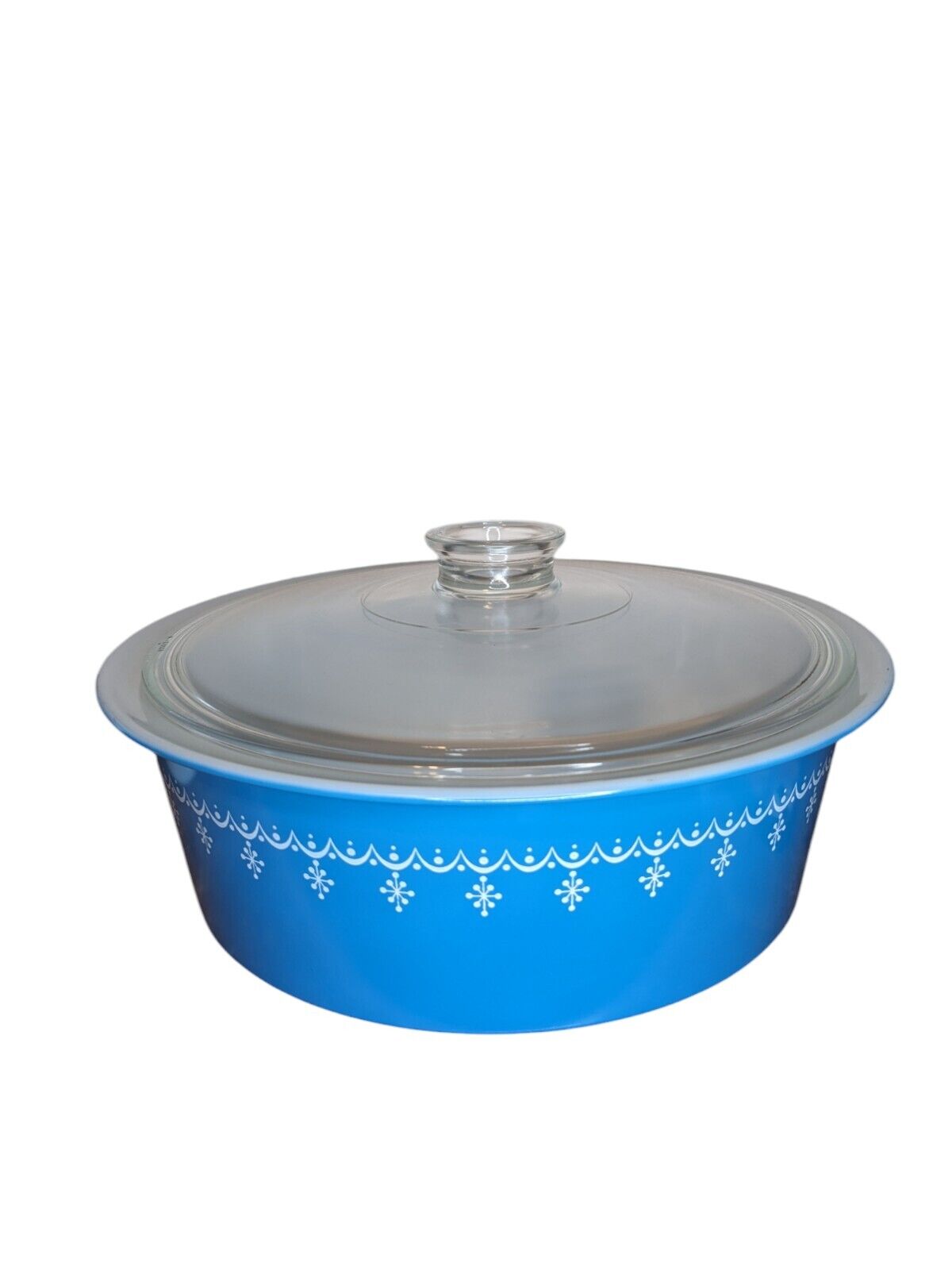 Vtg Pyrex #664 Big Bertha 4 Qt Blue Snowflake Garland Casserole Dish WITH LID