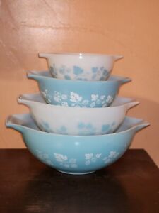 HTF Vintage JAJ Pyrex DUCK EGG BLUE Gooseberry 4pc Complete Cinderella Bowl Set