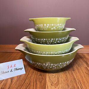 Pyrex Spring Blossom Green Crazy Daisy (4) Cinderella Nesting Mixing Bowls EUC