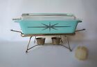 Vtg Pyrex Atomic Starburst Turquoise Casserole Dish w/Lid/Candle Warmer/Cradle