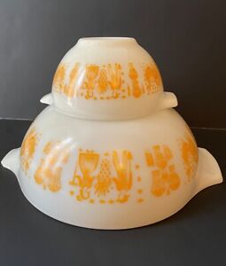 VINTAGE PYREX Orange "BUTTERPRINT" Cinderella Nesting Bowls #441 & #444