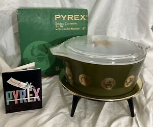 Vintage Pyrex Zodiac Casserole Dish 475 2 1/2 Quart With Candle Warmer Box 57