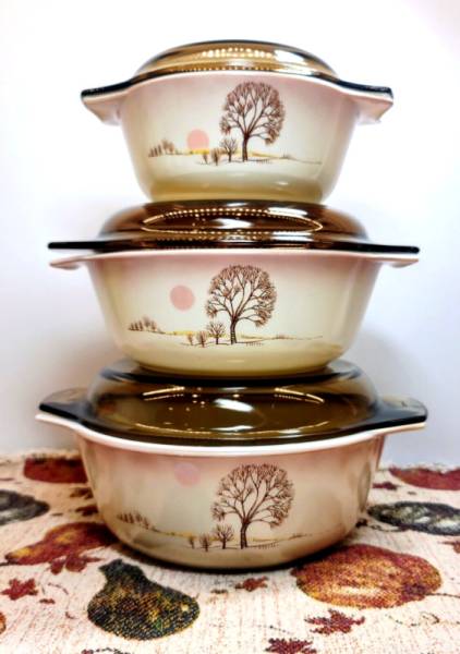 Pyrex England Rare Autumn Moods Complete 3 Piece Casserole Dish Set With Lids
