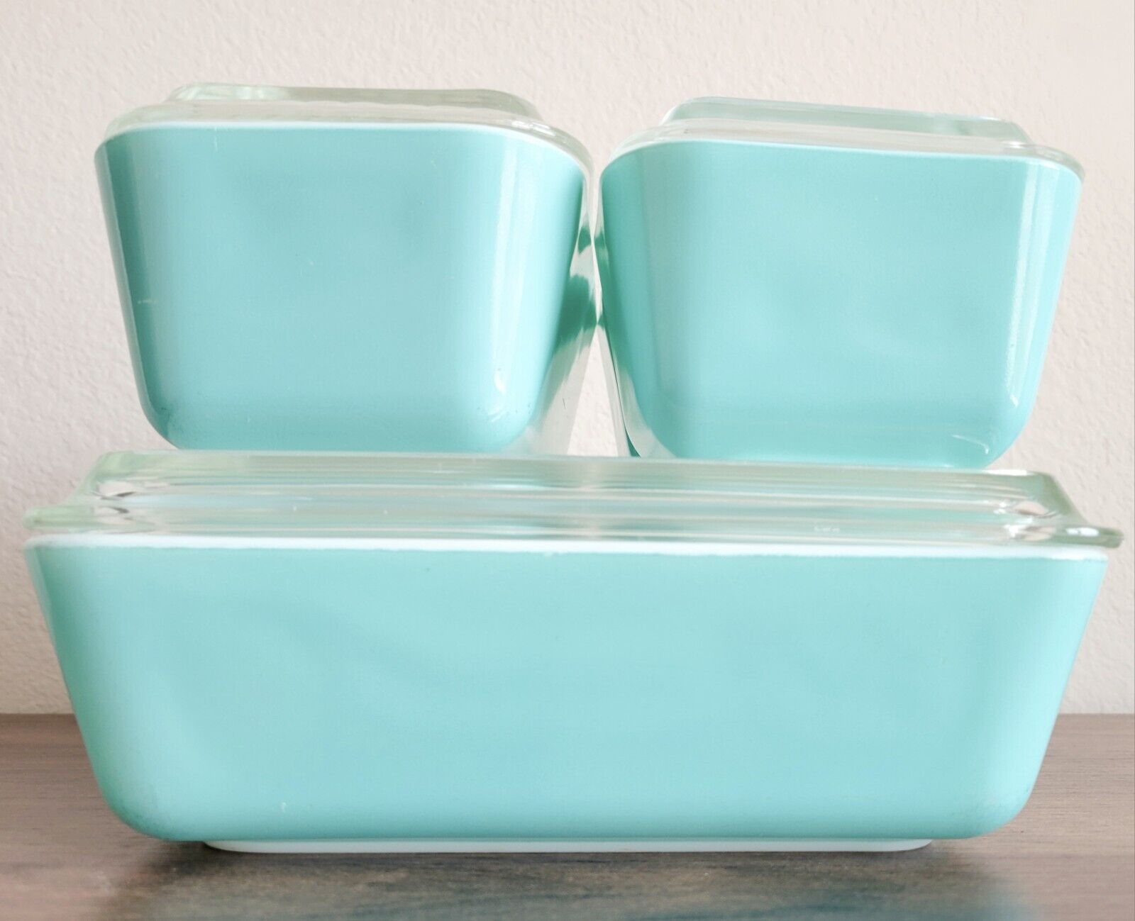 Pyrex Robins Egg Blue Turquoise Refrigerator Dish Set Fridgie Of 4 W/ Lids READ
