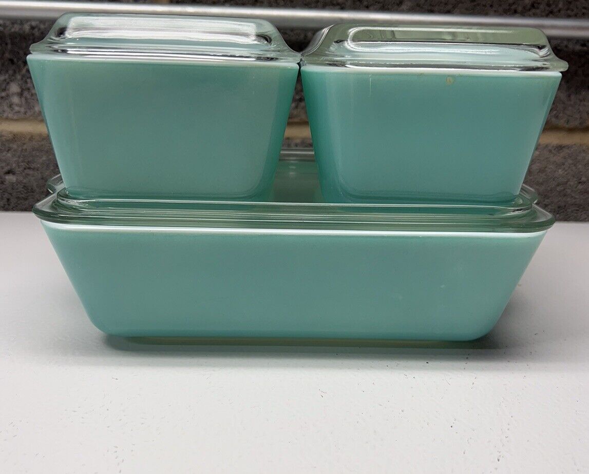 VINTAGE PYREX 1950'S TURQUOISE REFRIGERATOR SET 503, 502 & 501's Complete Nice