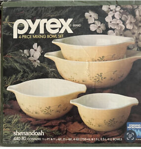 Pyrex Mixing Bowls, 4-Piece Set, Shenandoah Pattern #440-80, Vintage, New In Box