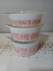 3 Vintage Rare Pyrex Pink Butterprint Amish Set Casserole 473 472 471