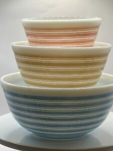 Vintage Pyrex Mixing Bowl Set - 3 Stripes 403 Blue  402 Tan  401 Pink Nesting
