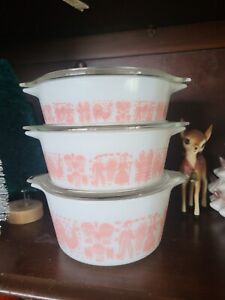Rare Vintage Pyrex Pink Butterprint Set of 3 Amish Dish (473, 472, 471)