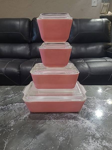 pyrex pink complete refrigerator set dish 503 502 501 Fridgie Vintage All Lids