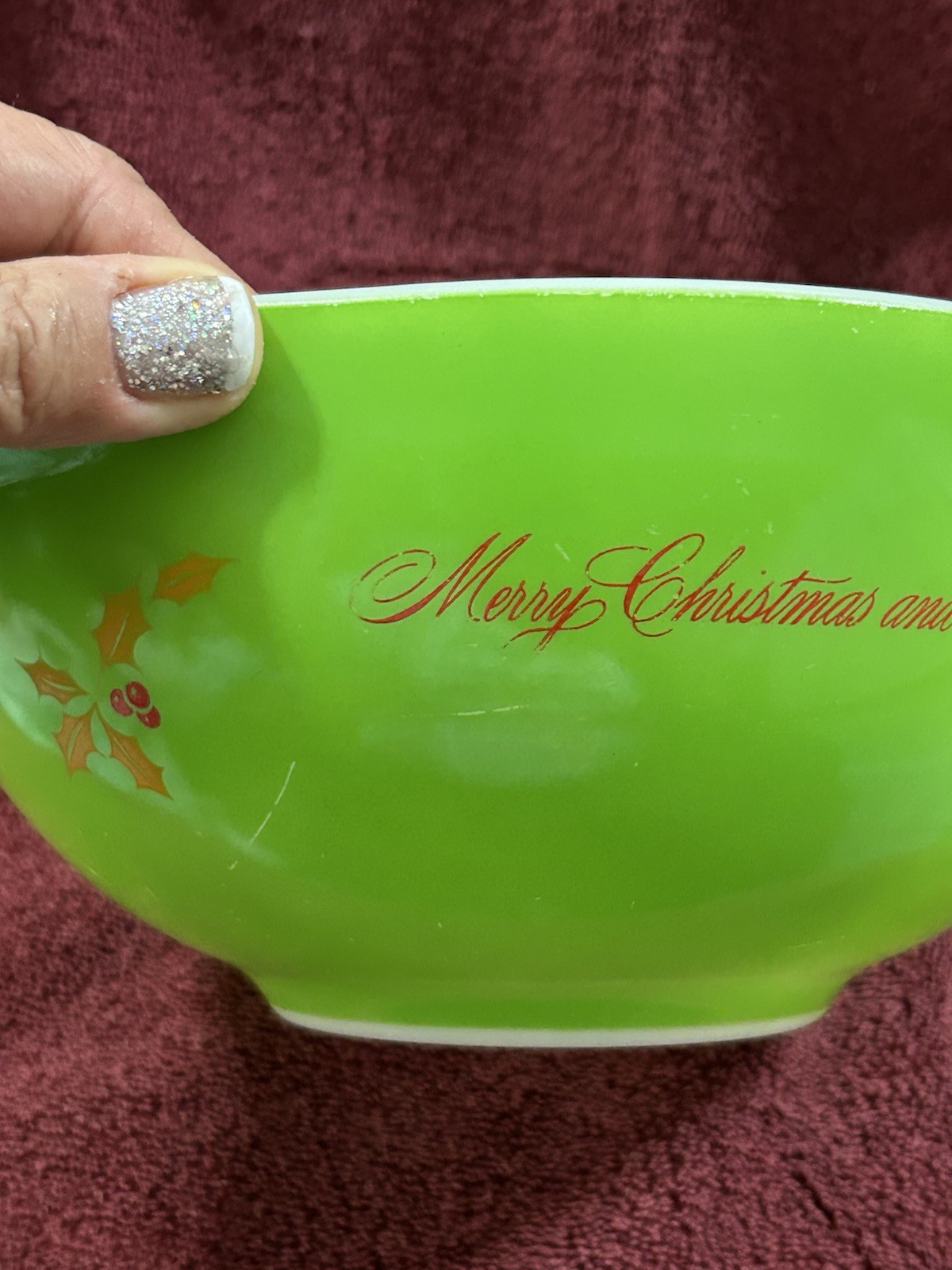 Pyrex 443 Cinderella Merry Christmas & A Happy New Year 2  1/2 Qt Orange Leaf