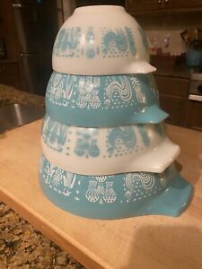 Vintage PYREX Amish Butterprint Turquoise Cinderella Mixing Bowls ~ Set of 4