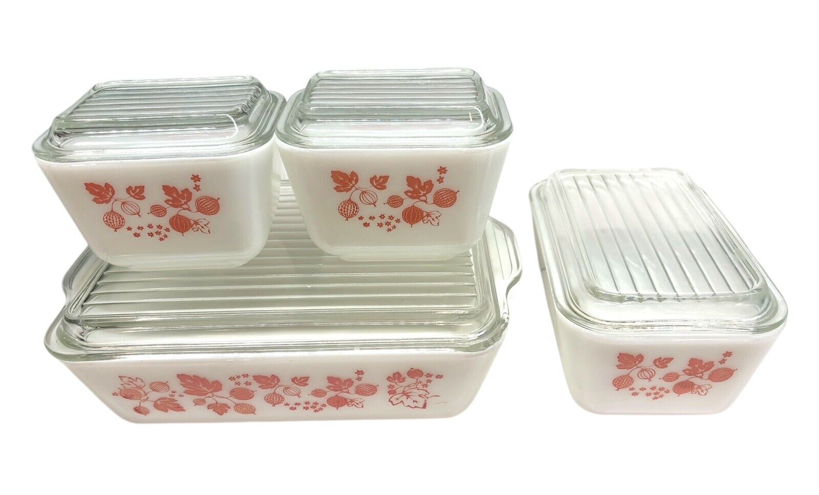 Pyrex Gooseberry Refrigerator Dishes Set of 4, 1950’s, Pink On White w/ Lids
