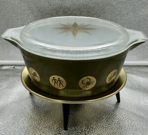 Vintage Pyrex Zodiac Casserole Dish 475 2 1/2 Quart With Candle Warmer