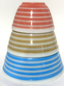 Pyrex Nesting Mixing Bowl Set of 3 Rainbow Stripes Pink Tan Blue USA 401,402,403