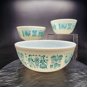 Pyrex Vintage Amish Butterprint Turquoise White Mixing Bowls Set #402 #403 #404