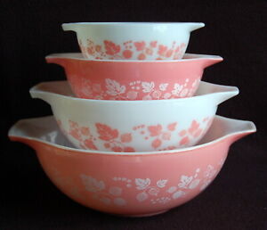 Set of PYREX Cinderella Mixing Bowls ~ PINK GOOSEBERRY ~ 441 442 443 444 ~ Exc!