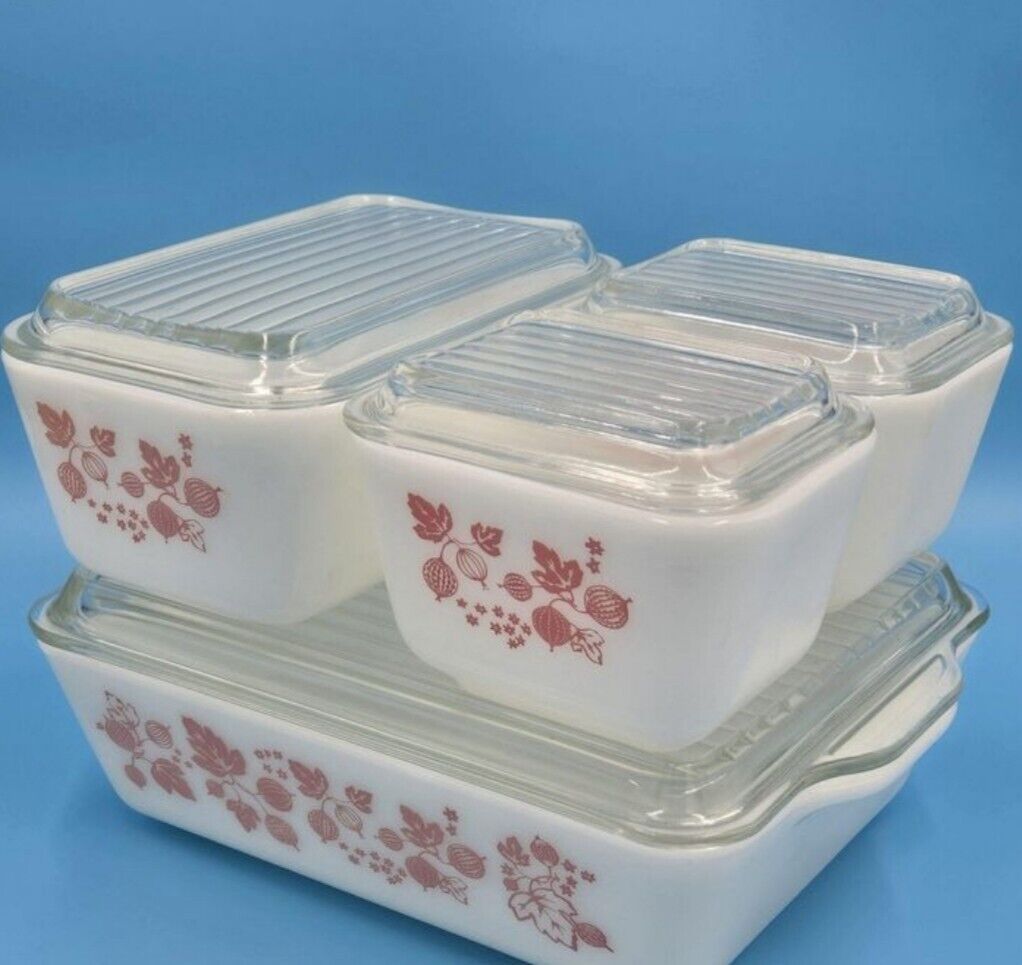 6 PCS. PYREX PINK GOOSEBERRY (2) 501 REFRIGERATOR  DISHES & (1) 502  w/ LIDS
