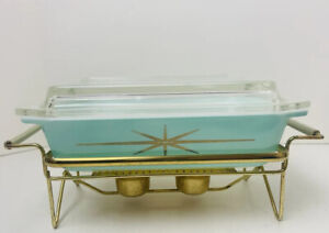 Vintage Pyrex Turquoise Gold Atomic Starburst Space Saver Casserole Lid Cradle