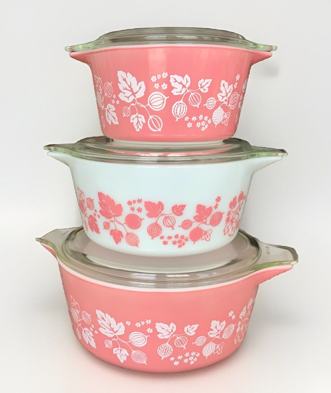 Vtg Pyrex Pink Gooseberry Casserole Set W/ Lids 473 1 Qt; 474 1.5 Qt; 475 2.5 Qt