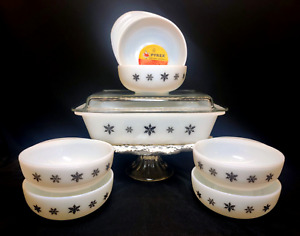 Vintage JAJ Pyrex Rare Black Snowflake Baking Dish w/Lid & Unused Set of Bowls