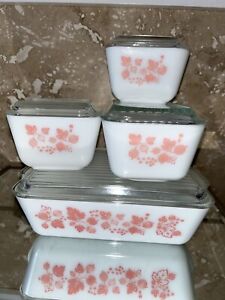 VTG Excellent SET 4 PYREX PINK GOOSEBERRY REFRIGERATOR DISHES & LIDS 501 502 503