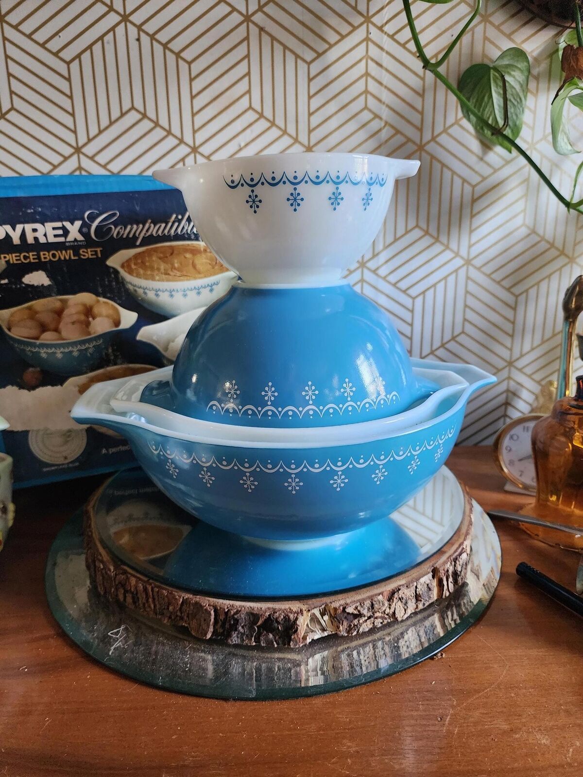 Pyrex Snowflake Blue Garland Cinderella Complete Set In Original Box, 4 - 440-2.