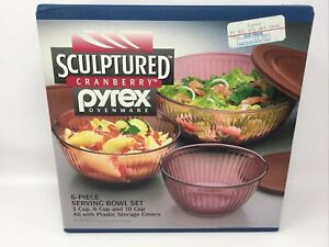 Pyrex Sculptured Cranberry Ovenware 6 Piece Serving Bowl Set New Sealed Vintage