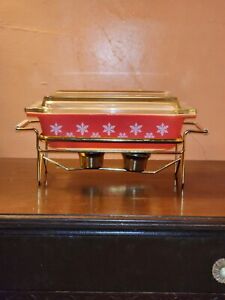 HTF JAJ Pyrex Coral Red Snowflake 575/2162 Deep Space Saver Dish W/ Lid & Cradle