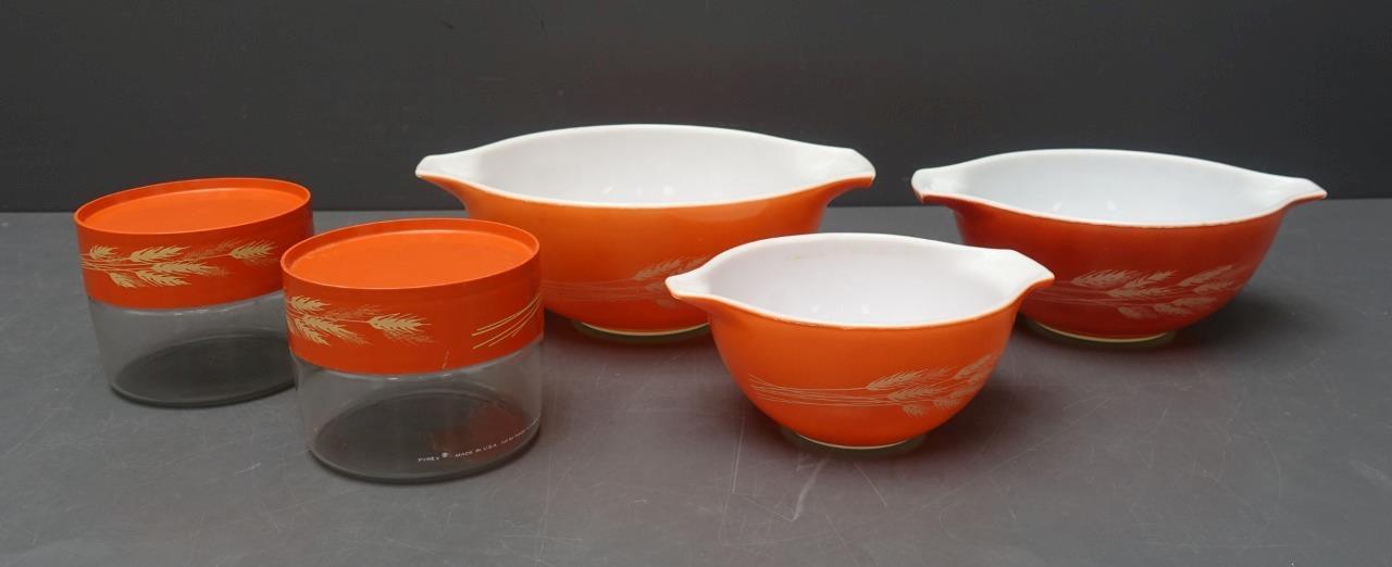 Set 7 Pyrex Autumn Harvest Wheat Cinderella Mixing Bowls +2 Canisters w/ Lids