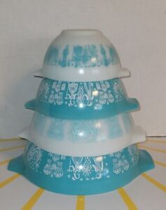 VTG Pyrex Amish Butterprint Turquoise Nesting Mixing Cinderella Bowls Set Mcm