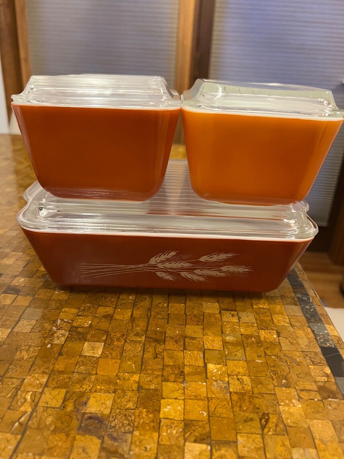 VTG Pyrex Autumn Harvest Wheat Refrigerator Box Set 501 502 503 Brown/Orange 70s
