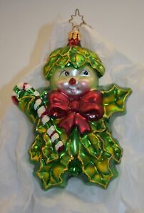 2002 Christopher Radko RARE Green Holly Jean Ornament Retro Ivy Leaf Snowman