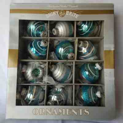 Shiny Brite Ornaments By Christopher Radko 2015 Box Of 12 Blue Green Glitter