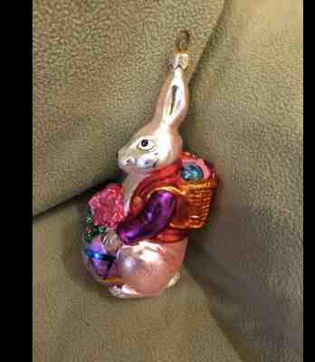 Christopher Radko RARE Easter PINK Rabbit Glass Ornament 7" Sparkly and Gorgeous