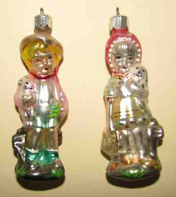 Pair of Christopher Radko Boy & Bunny / Girl & Puppy Christmas Ornaments