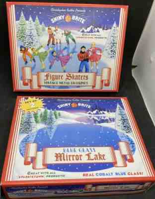 Radko Shiny Brite Vintage Figure Skaters and Blue Glass Mirror Lake Set of 2 New