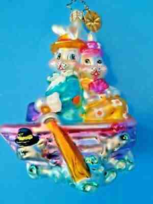 Retired Christopher Radko Easter HONEY BUNNY MOON Bunnies Rowboat Ornament - HTF