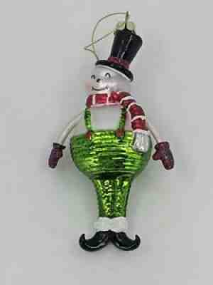 Christopher Radko Glass Christmas Ornament: Snowman w/ Green Overalls + Top Hat!