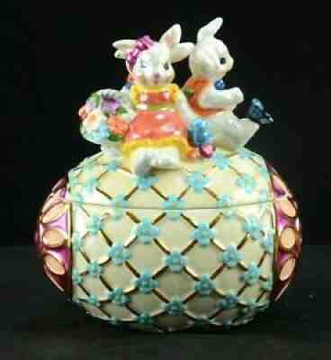 Christopher Radko Easter Egg w Bunny Rabbits Trinket Box RARE